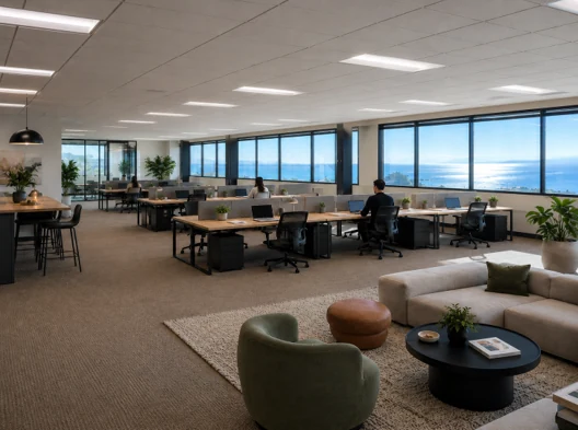 Open plan workspace with bay views