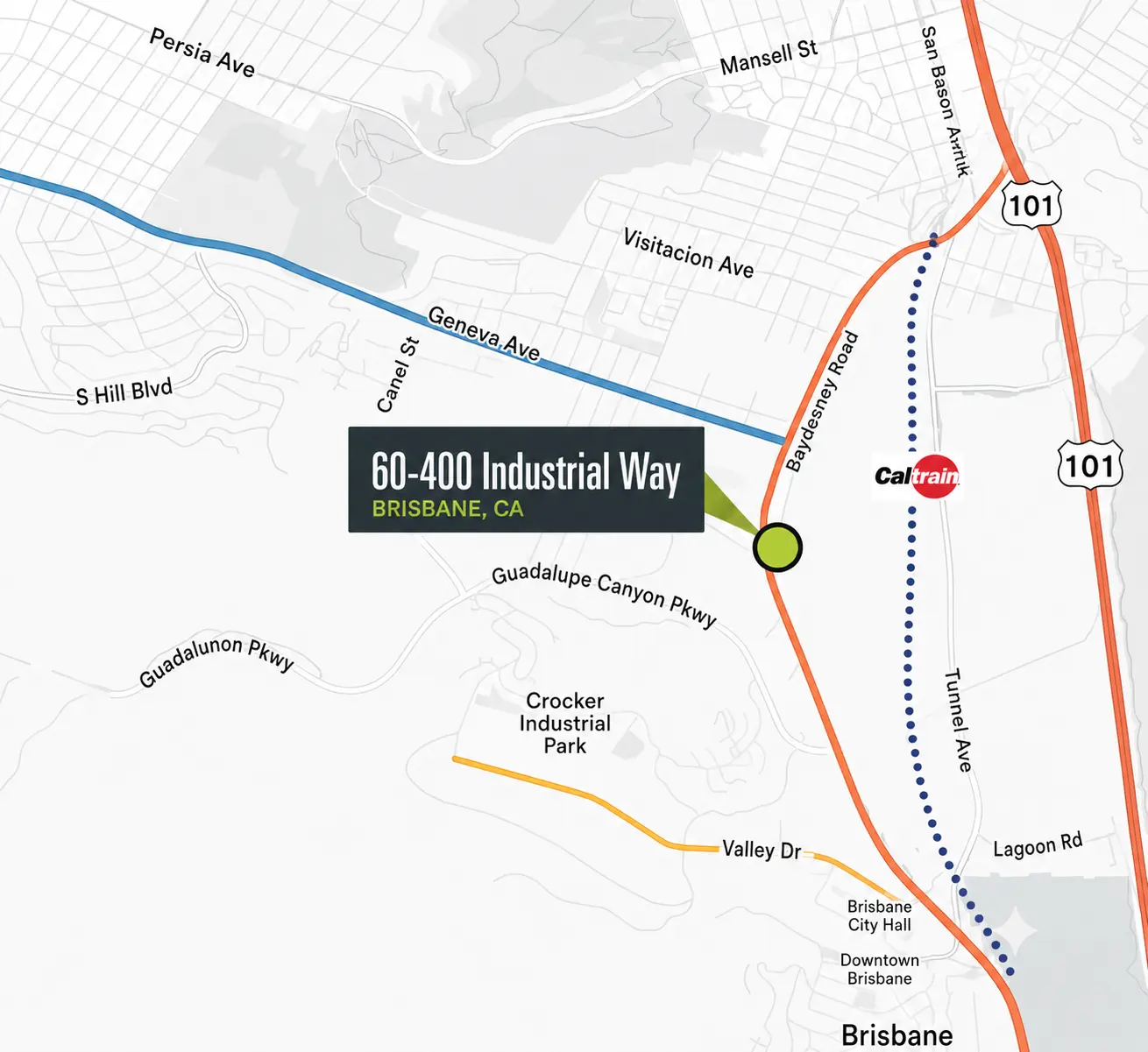 Map showing Industrial Way relative to Highway 101, Caltrain, and Downtown Brisbane