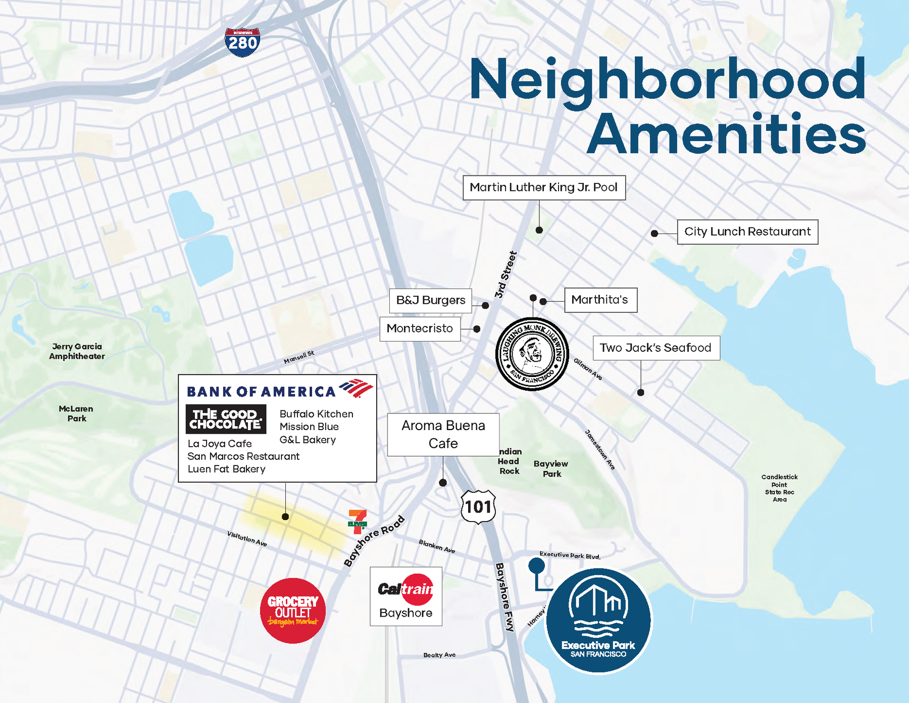 Neighborhood amenities map around Executive Park
